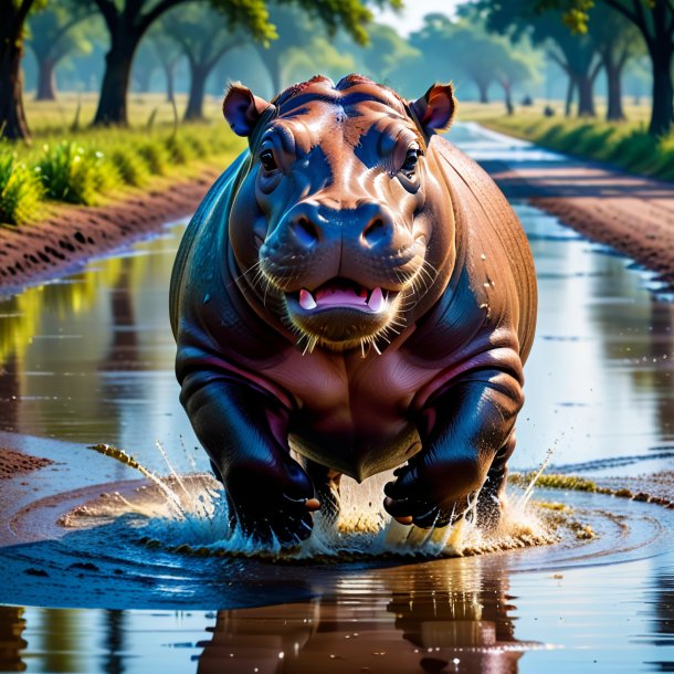 Picture of a dancing of a hippopotamus in the puddle