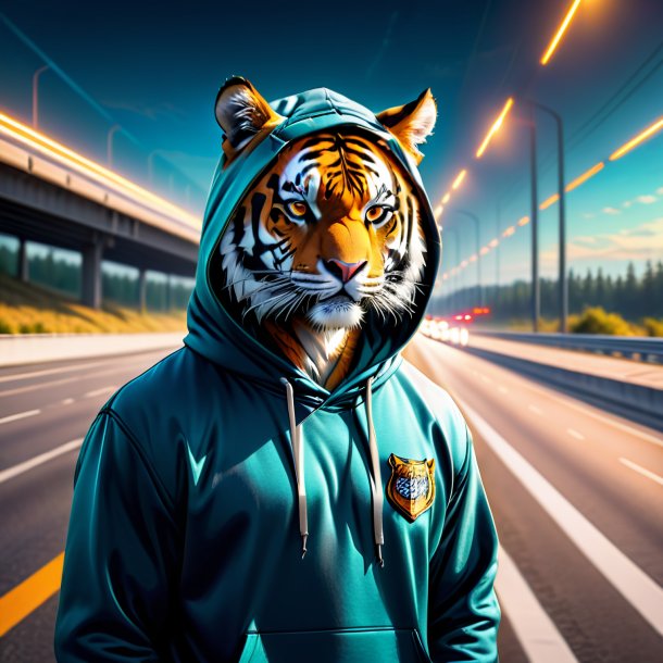 Image of a tiger in a hoodie on the highway
