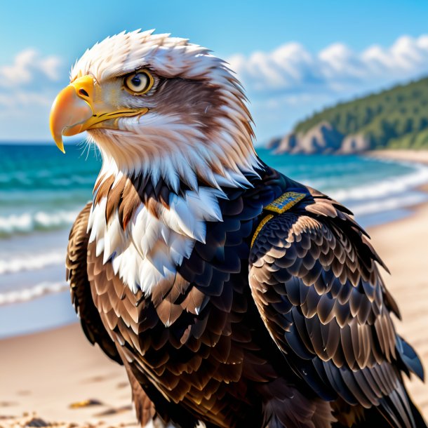 Picture of a eagle in a vest on the beach