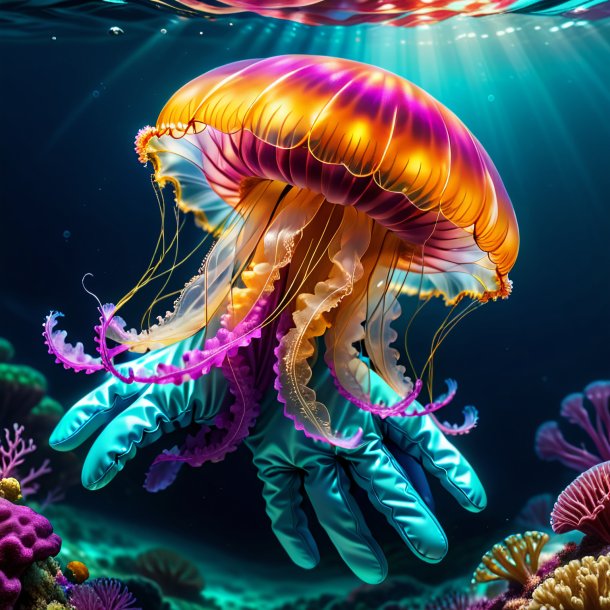 Dessin d'une méduse dans un gants dans la mer