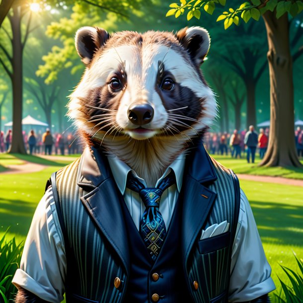 Illustration of a badger in a vest in the park