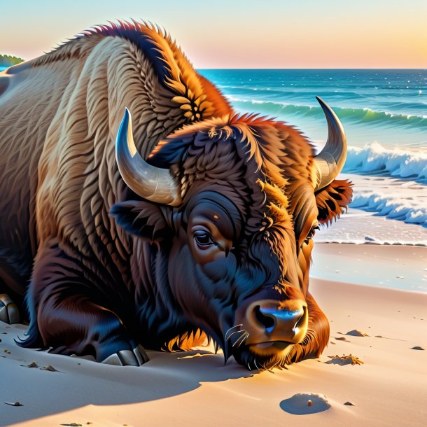 Picture of a resting of a bison on the beach