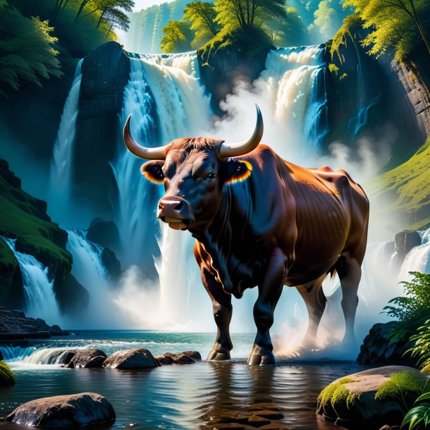 Photo of a smoking of a bull in the waterfall