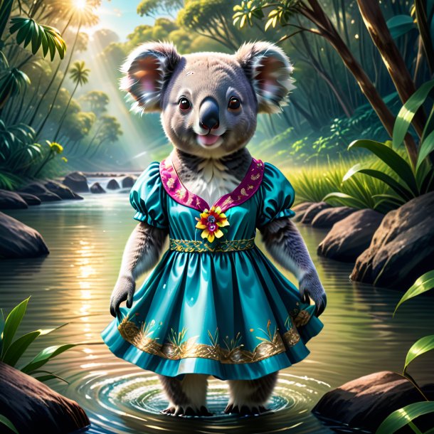 Illustration of a koala in a dress in the river
