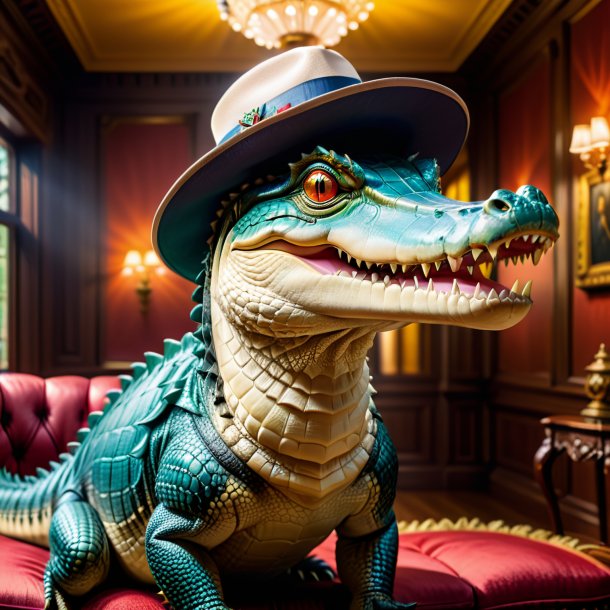 Picture of a crocodile in a hat in the house
