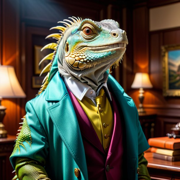 Image of a iguana in a coat in the house