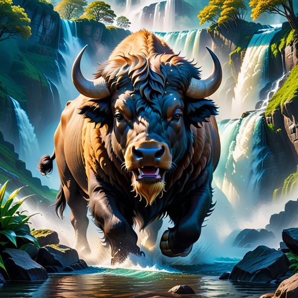 Picture of a threatening of a buffalo in the waterfall