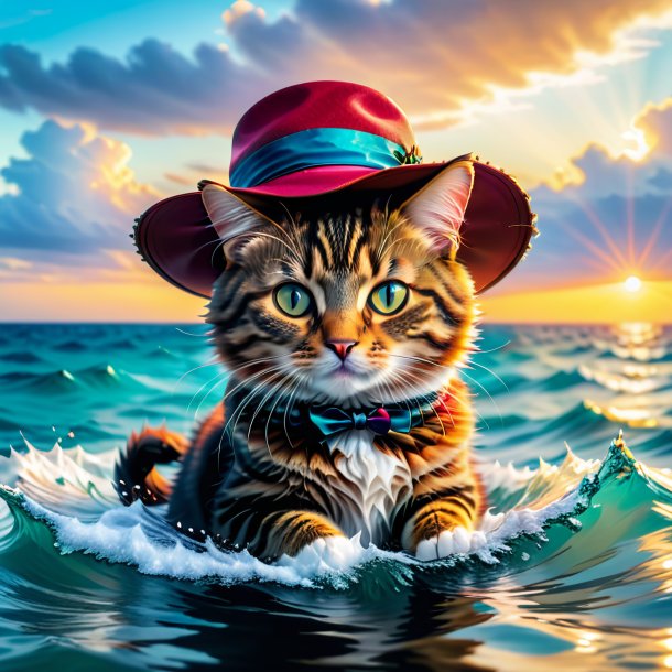 Pic d'un chat dans un chapeau dans la mer