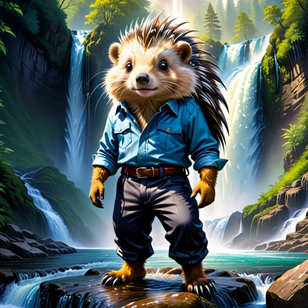 Drawing of a porcupine in a trousers in the waterfall