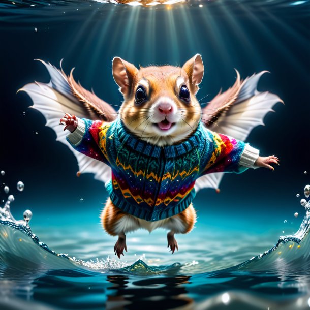 Photo of a flying squirrel in a sweater in the water