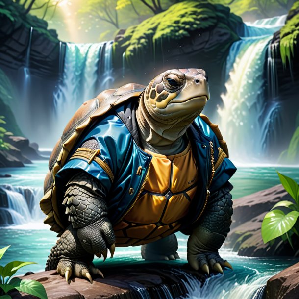 Drawing of a tortoise in a jacket in the waterfall
