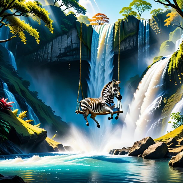 Picture of a swinging on a swing of a zebra in the waterfall