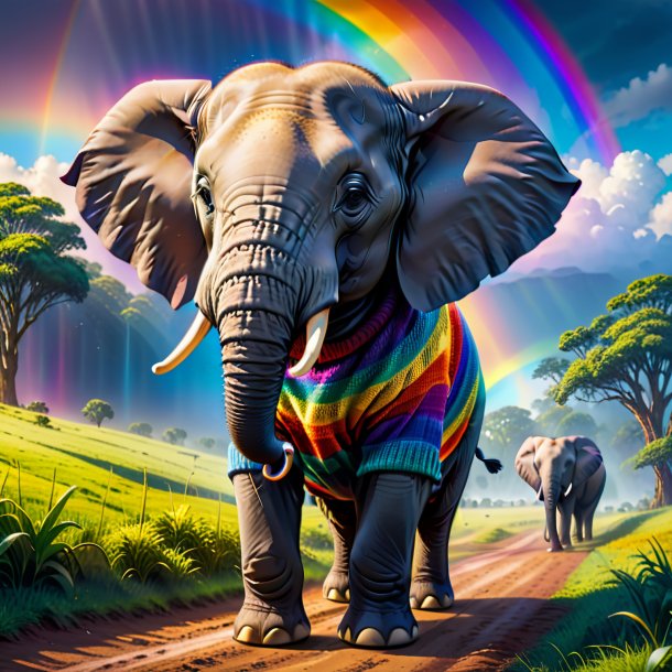 Image of a elephant in a sweater on the rainbow