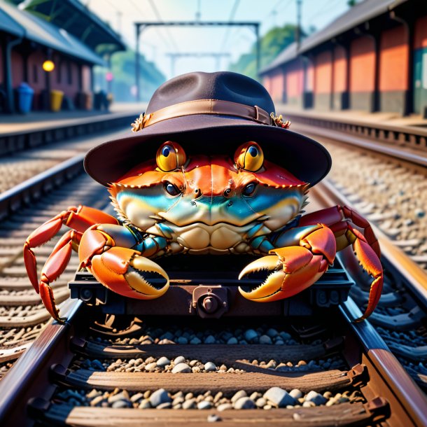 Image of a crab in a hat on the railway tracks