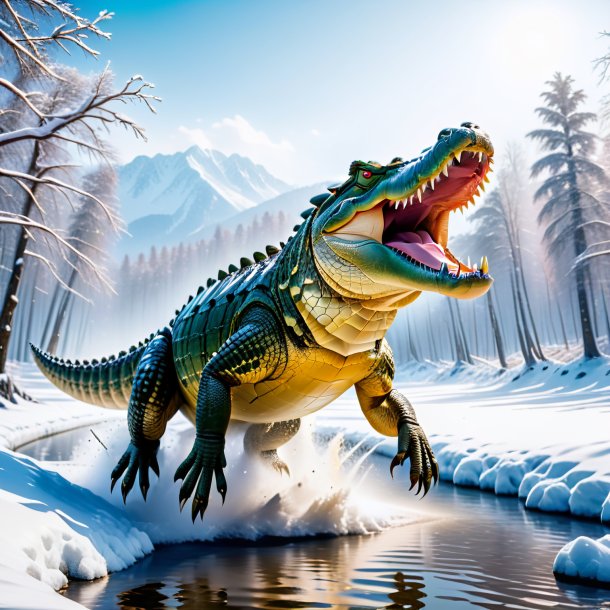 Pic of a jumping of a crocodile in the snow