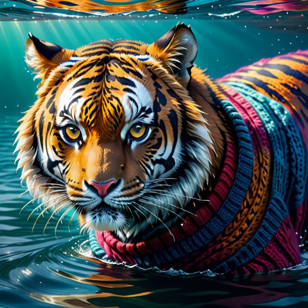 Illustration of a tiger in a sweater in the water