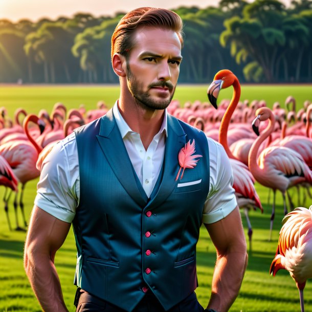 Photo of a flamingo in a vest on the field