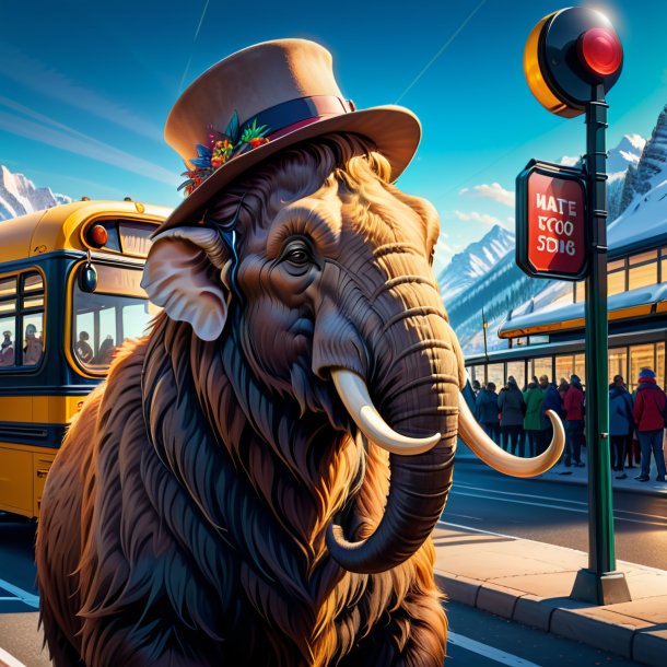 Иллюстрация мамонта в шляпе на автобусной остановке