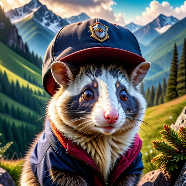 Photo of a possum in a cap in the mountains