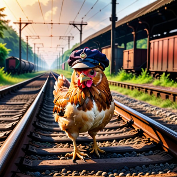 Pic of a hen in a cap on the railway tracks