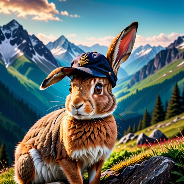 Photo of a hare in a cap in the mountains