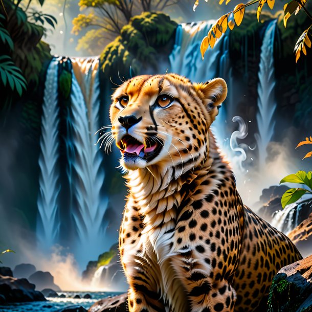 Image of a smoking of a cheetah in the waterfall