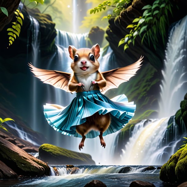Picture of a flying squirrel in a skirt in the waterfall