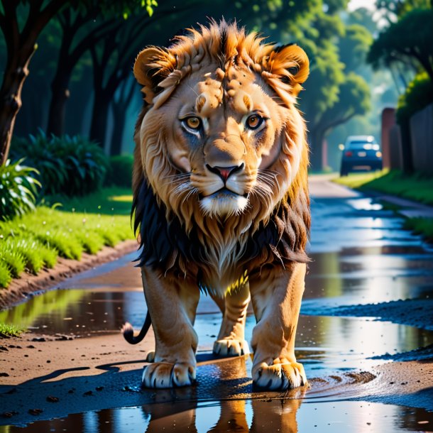 Photo of a lion in a belt in the puddle