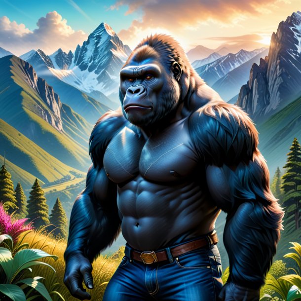 Drawing of a gorilla in a jeans in the mountains