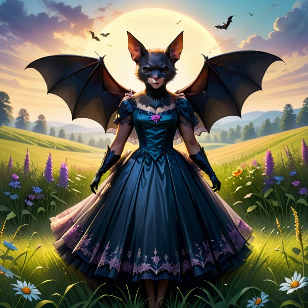 Illustration of a bat in a dress in the meadow
