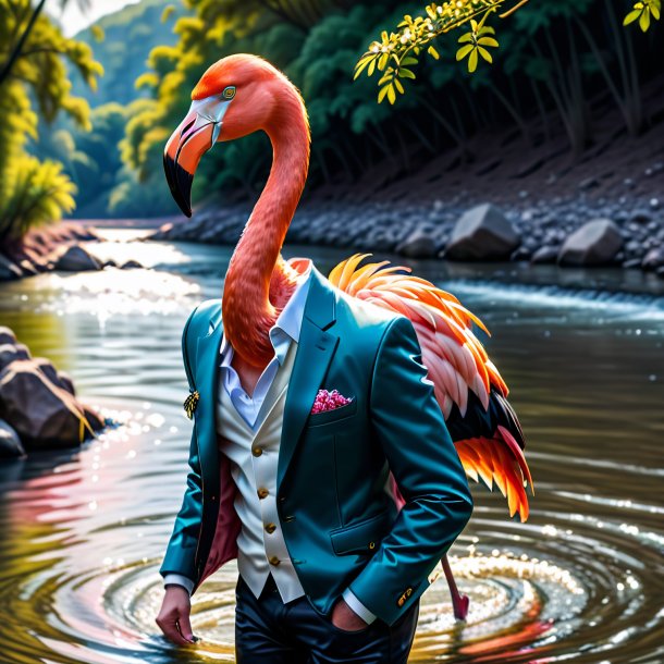 Pic of a flamingo in a jacket in the river