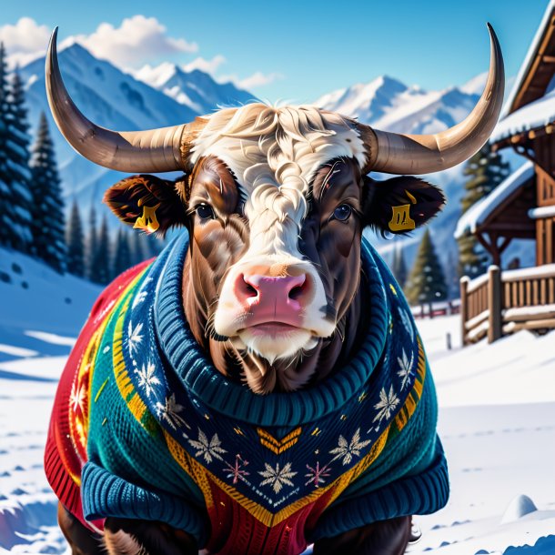 Image of a bull in a sweater in the snow