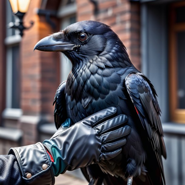 Pic d'un corbeau dans un gants gris