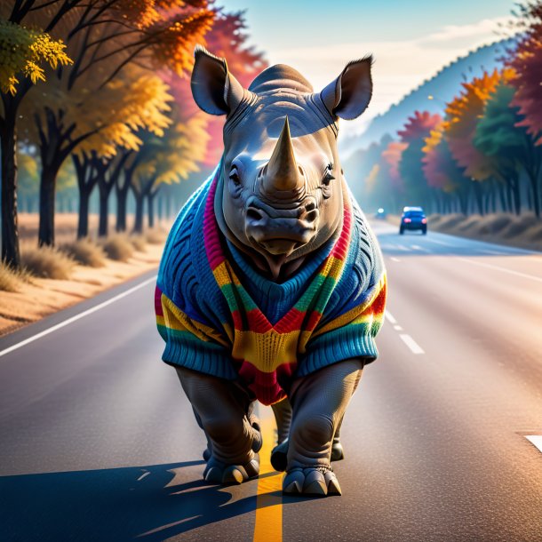 Picture of a rhinoceros in a sweater on the road