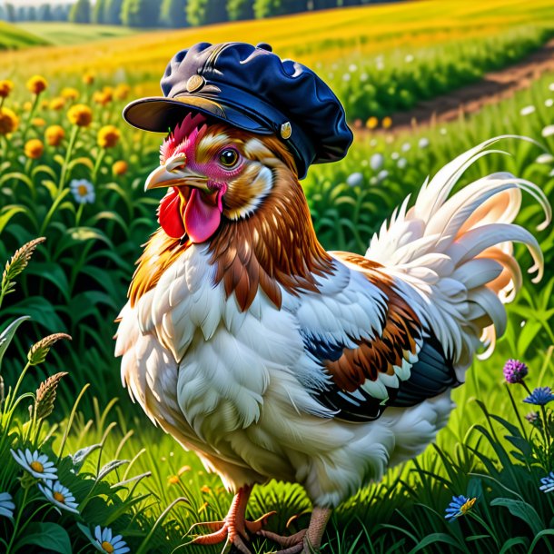 Drawing of a hen in a cap in the meadow