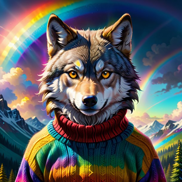 Drawing of a wolf in a sweater on the rainbow