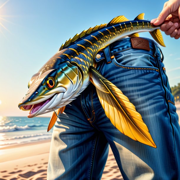 Illustration of a pike in a jeans on the beach