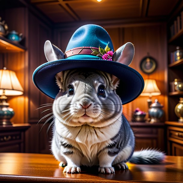 Photo of a chinchillas in a hat in the house