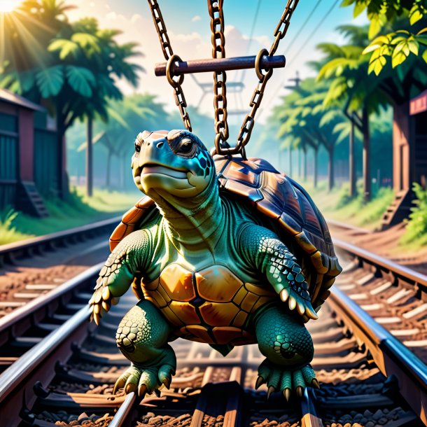 Picture of a swinging on a swing of a tortoise on the railway tracks
