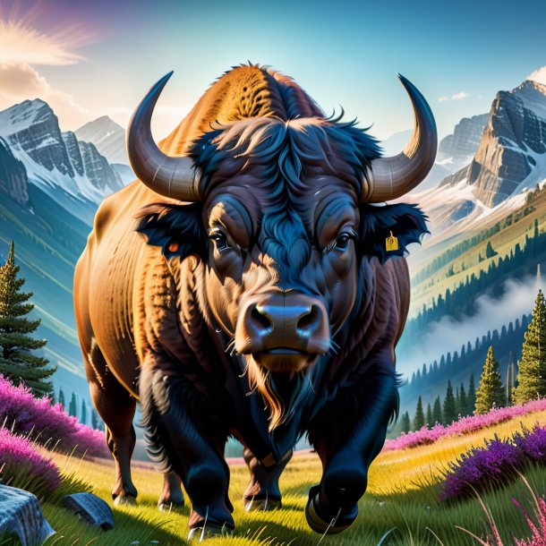 Image of a buffalo in a belt in the mountains
