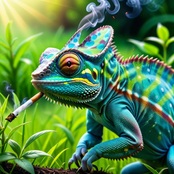 Photo of a smoking of a chameleon in the meadow