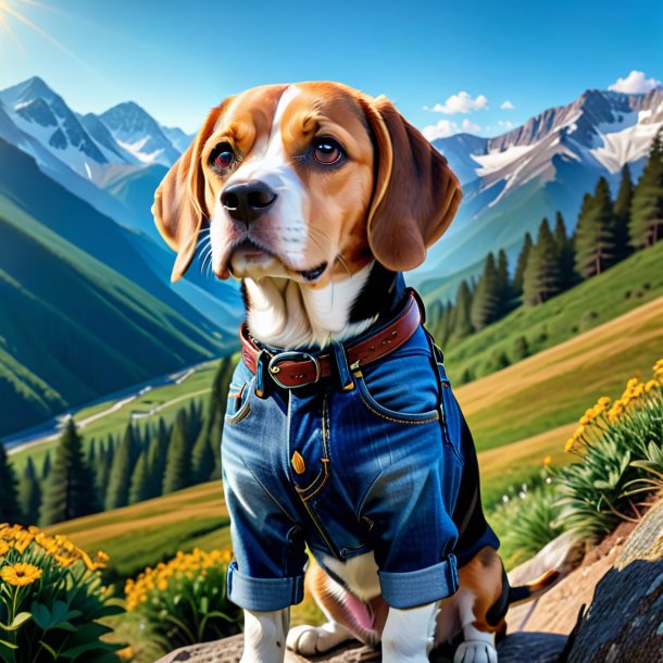 Picture of a beagle in a jeans in the mountains