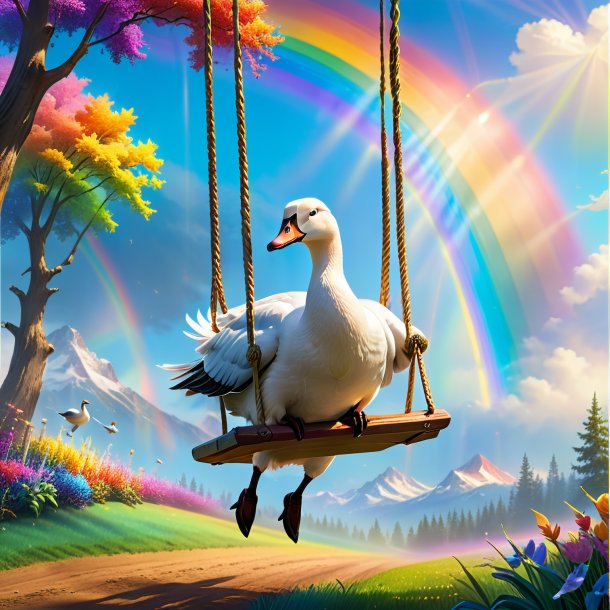 Image of a swinging on a swing of a goose on the rainbow