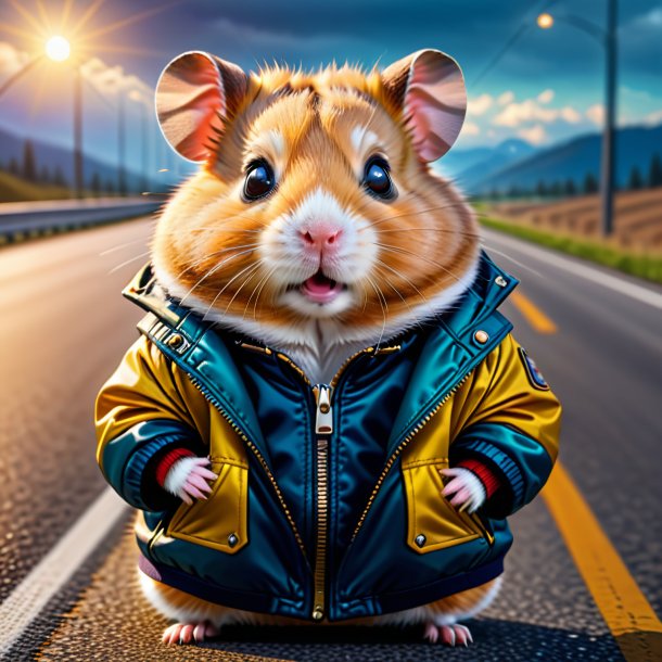 Pic of a hamster in a jacket on the highway