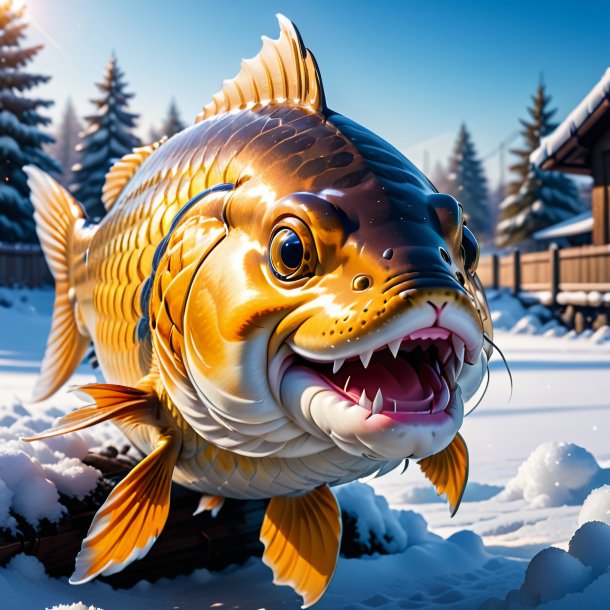 Picture of a smiling of a carp in the snow