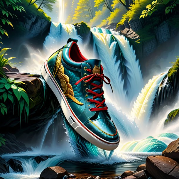 Drawing of a pike in a shoes in the waterfall