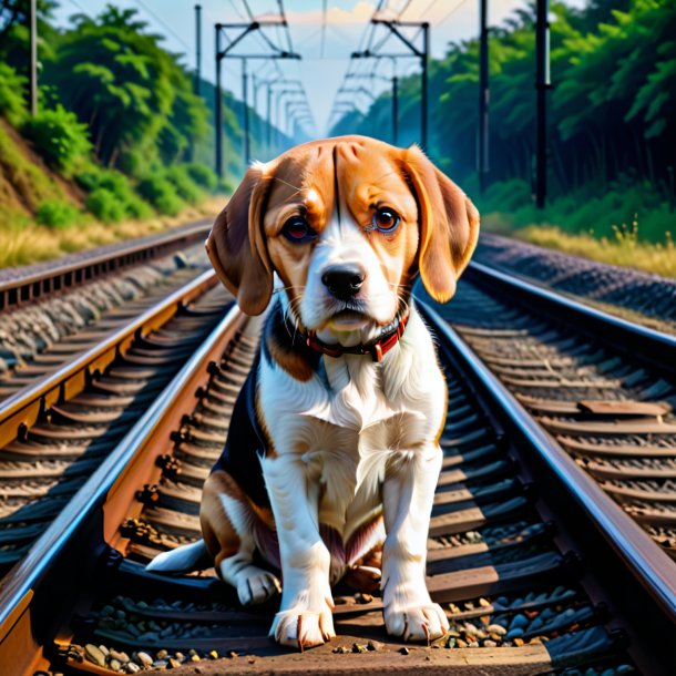 Picture of a crying of a beagle on the railway tracks