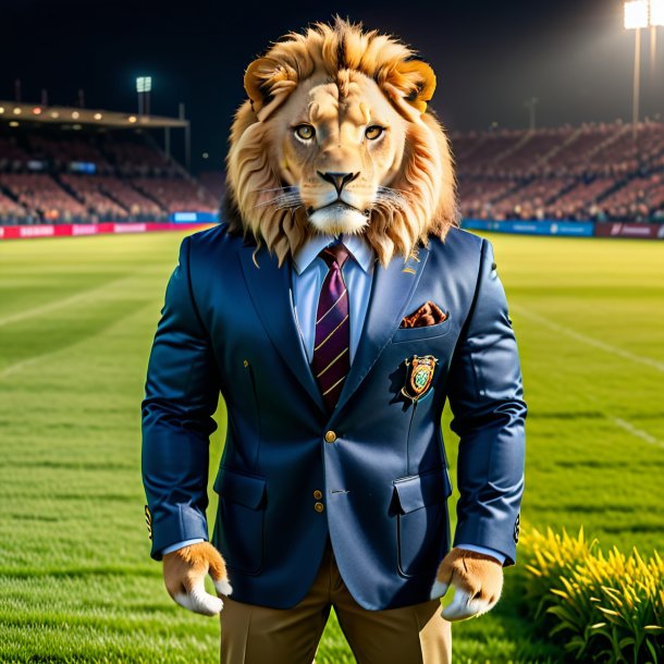 Picture of a lion in a jacket on the field