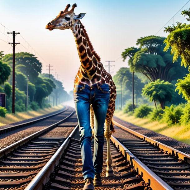 Photo of a giraffe in a jeans on the railway tracks