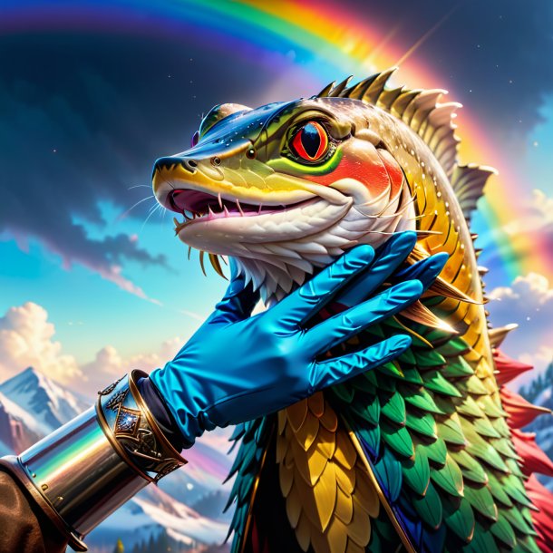 Picture of a pike in a gloves on the rainbow